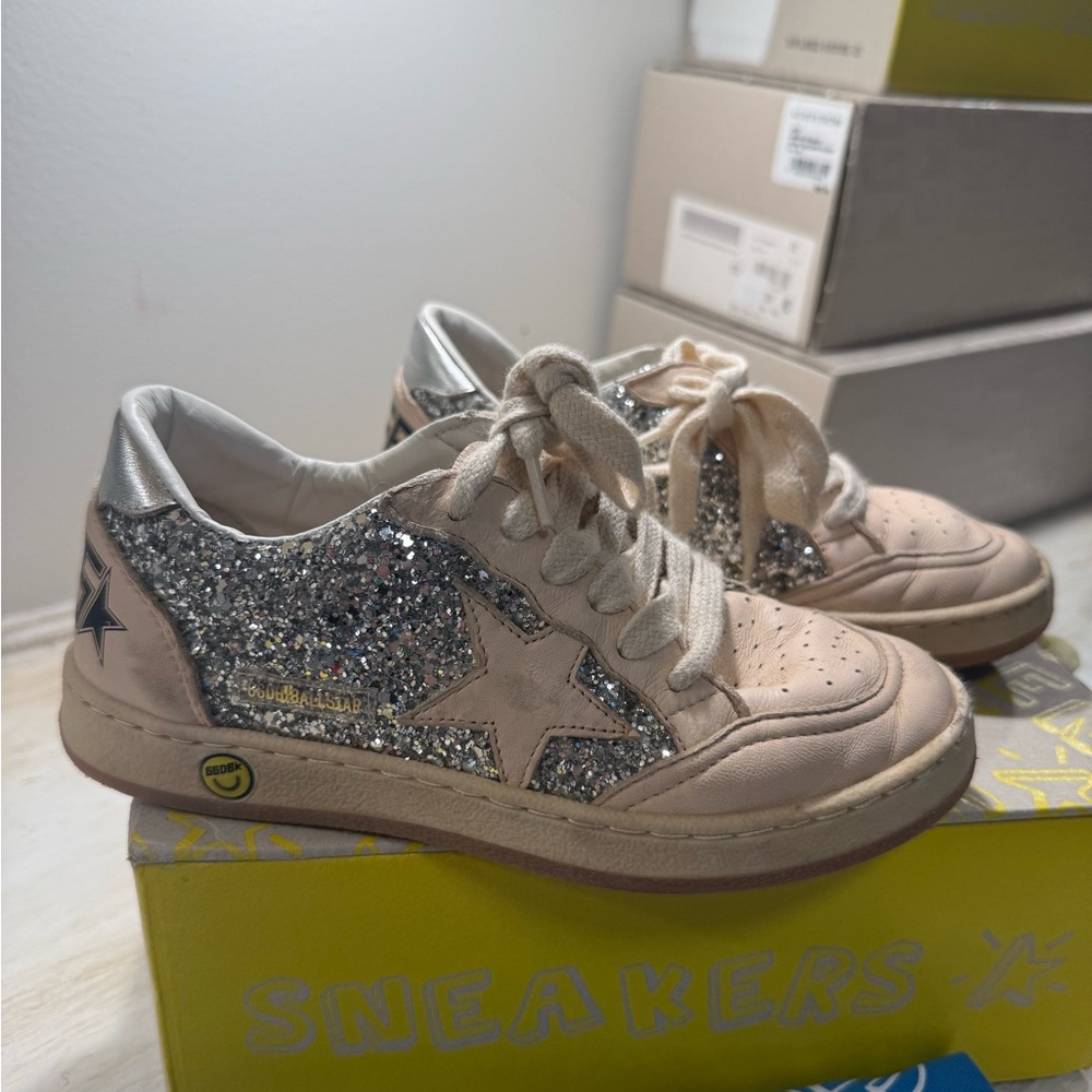 Golden Goose Pale Pink & Silver Glitter Ball Star Sneakers